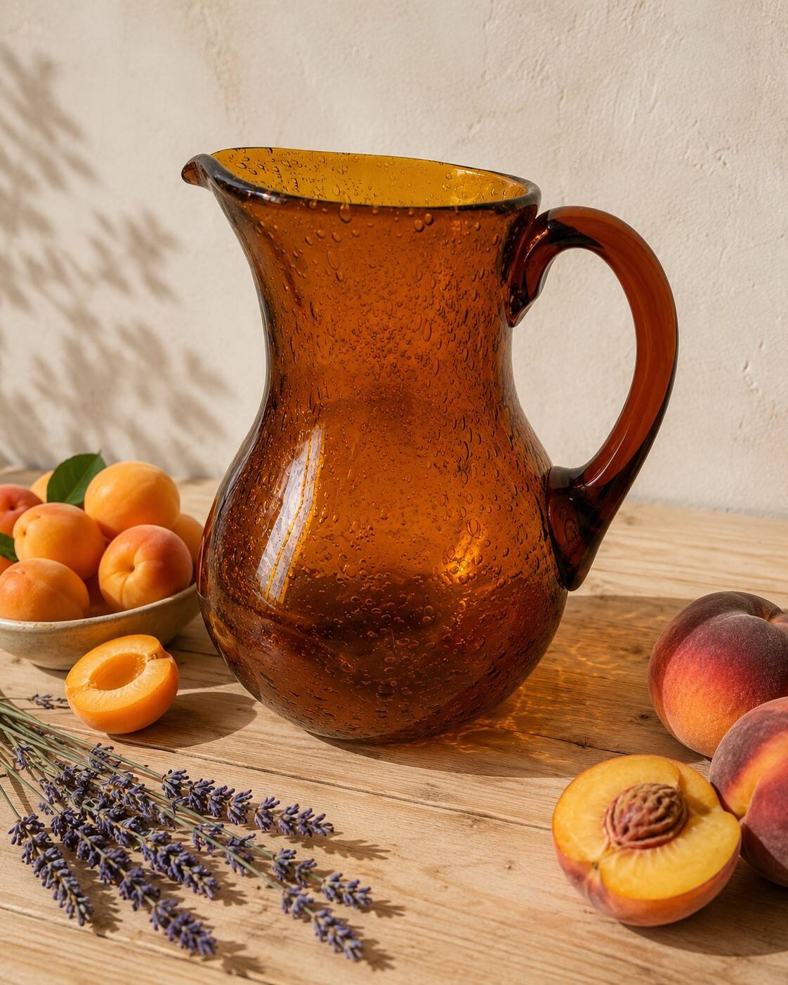Blown glass pitcher with bubbles from Biot – amber colour