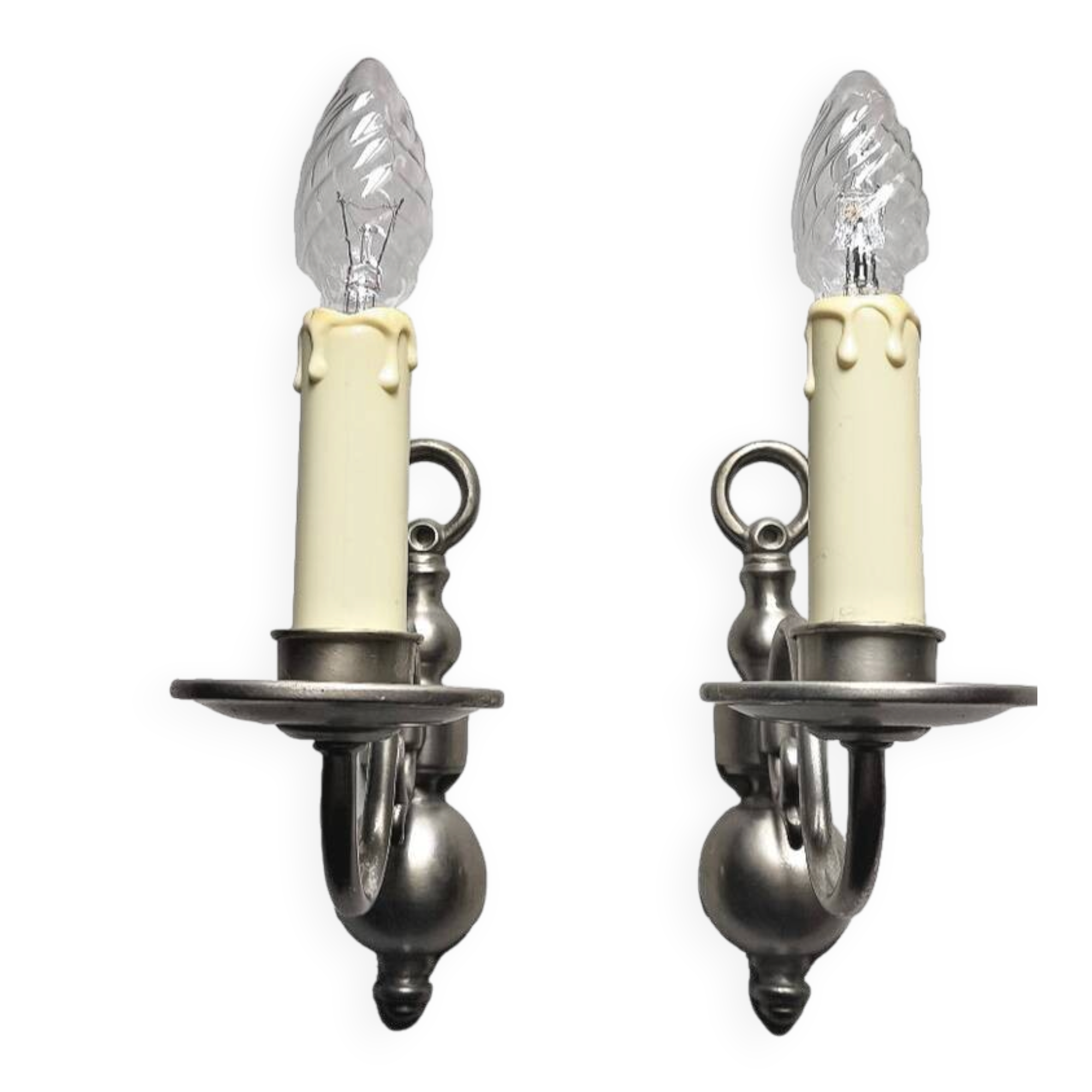 2 Wall Sconces Candle Holders Antique Style - Satin Nickel Metal - E14 Socket