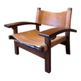 Wood and leather armchair