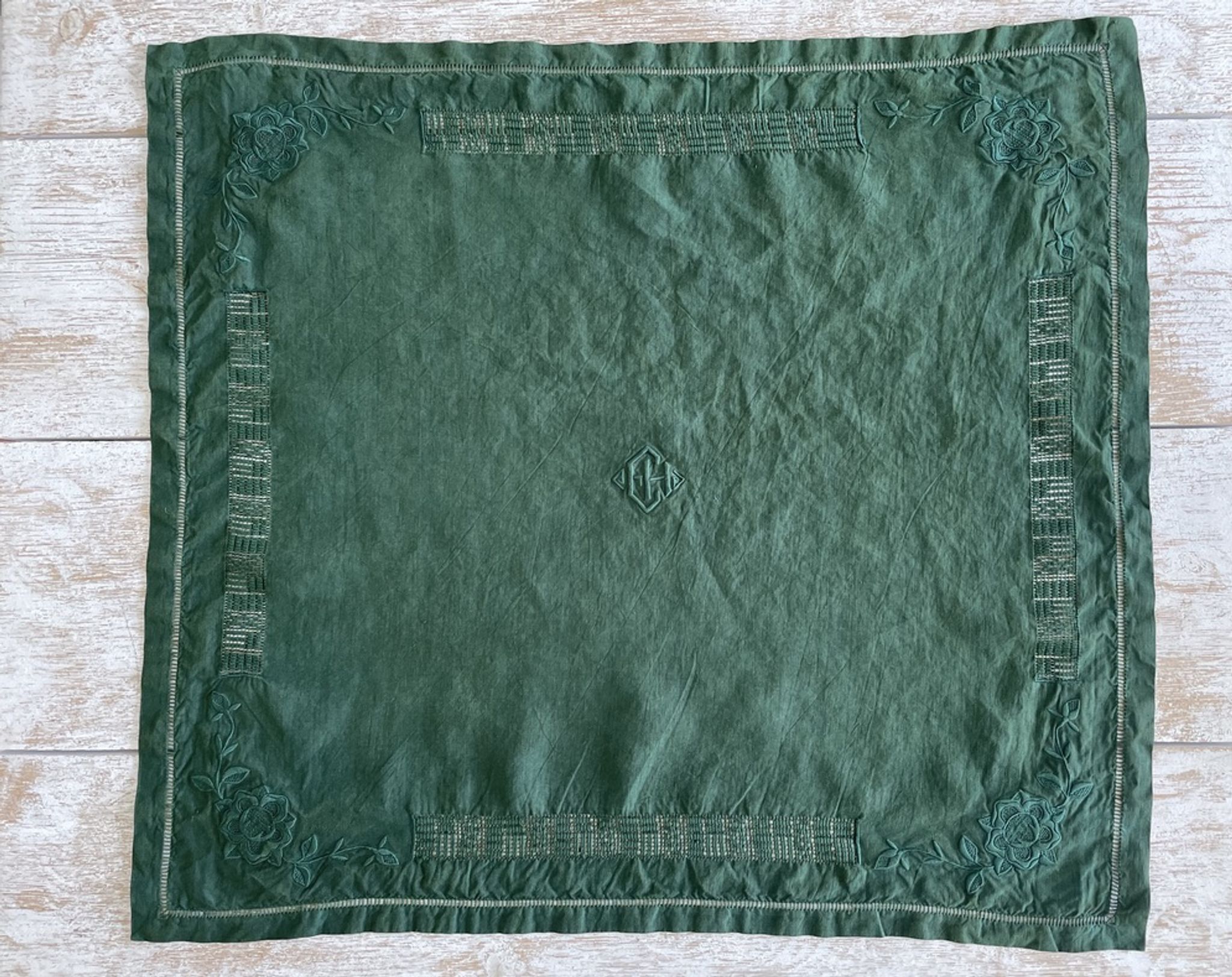 Set of 8 monogrammed fir green towels EH - 65x61cm - linen