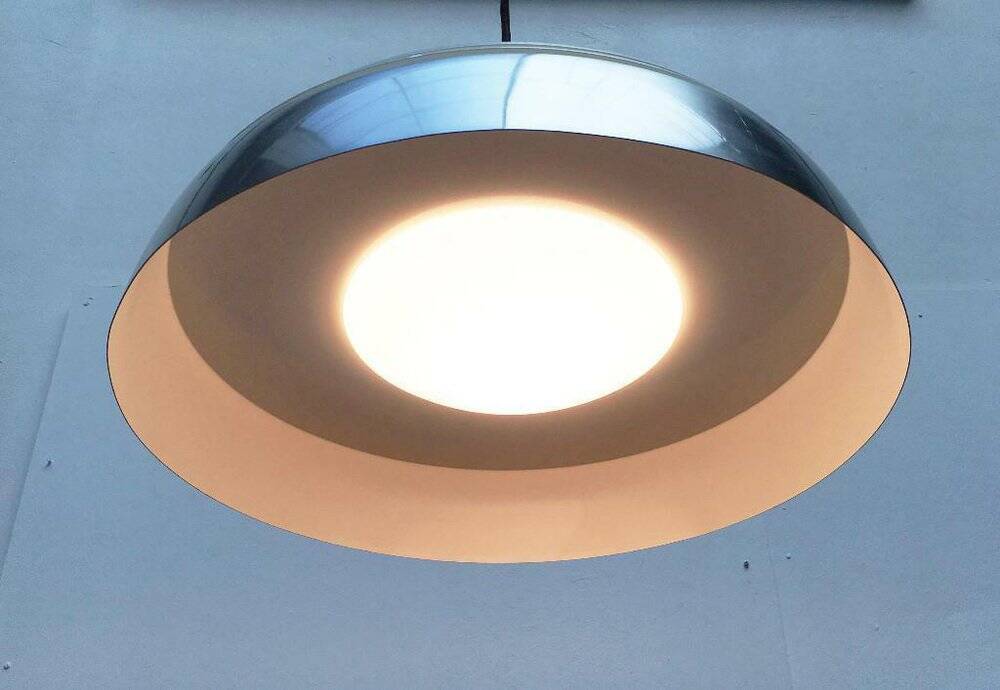 German pendant lamp in aluminium and glass from the Mid-Century space by Doria, 1960s.