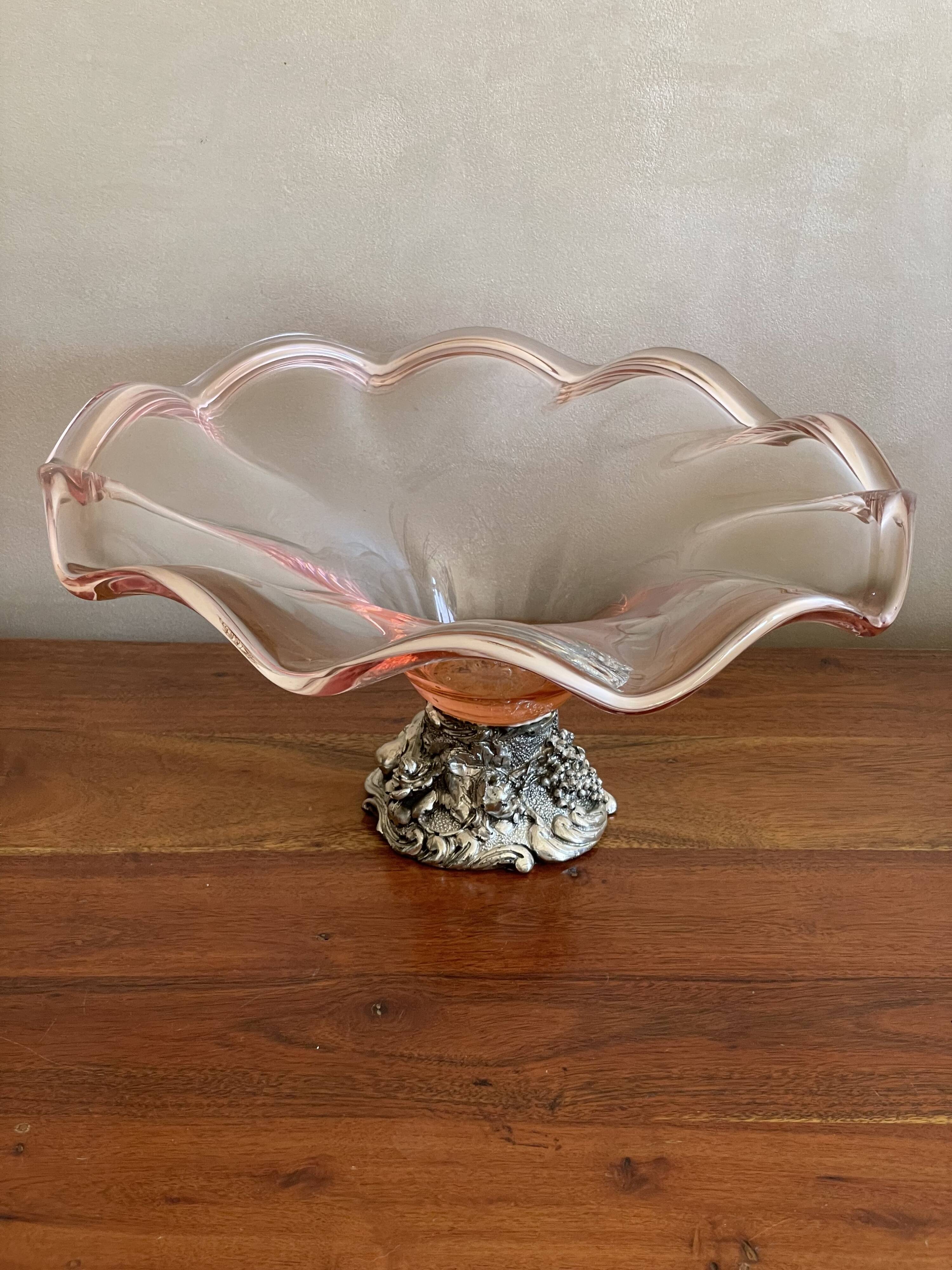 Pink blown glass cup on foot grape decoration