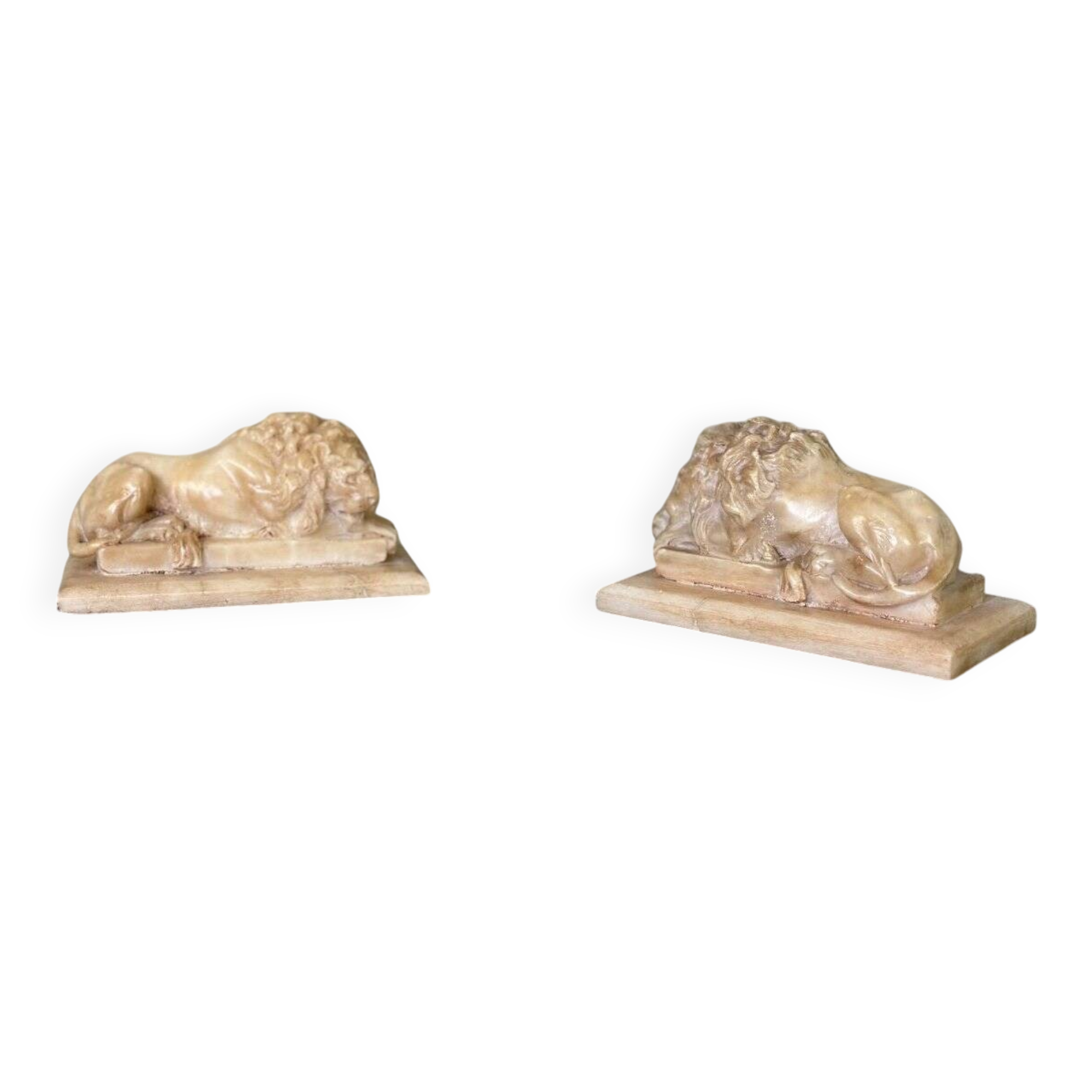 Pair of lions after Canova, alabaster sculpture circa 1880