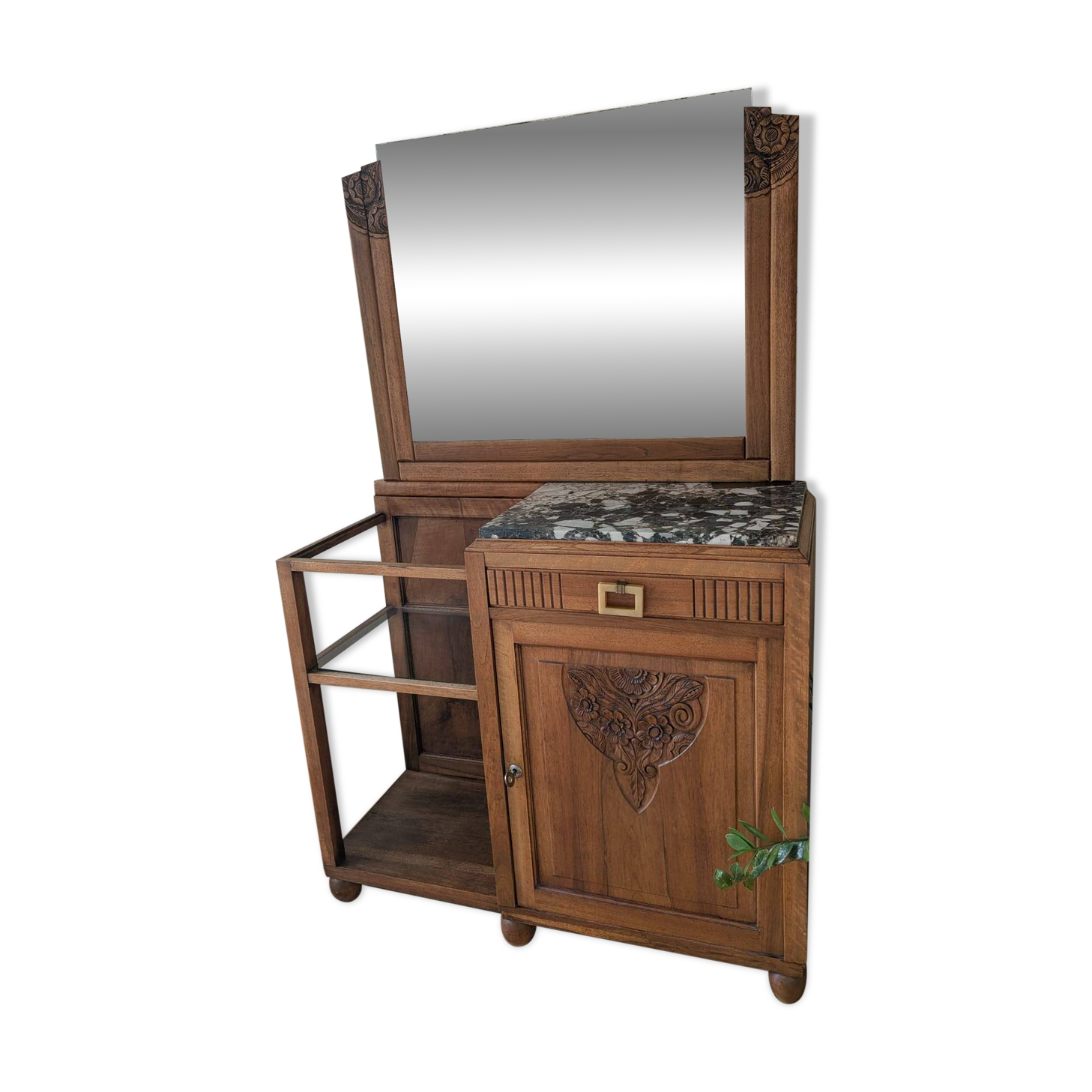 Art Deco wooden furniture with a swivelling mirror and marble top.