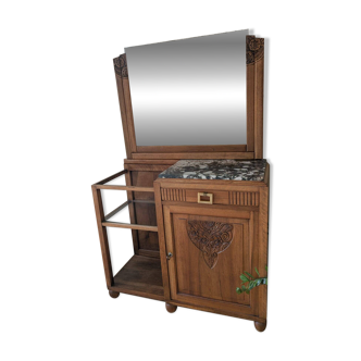 Art Deco wooden furniture with a swivelling mirror and marble top.