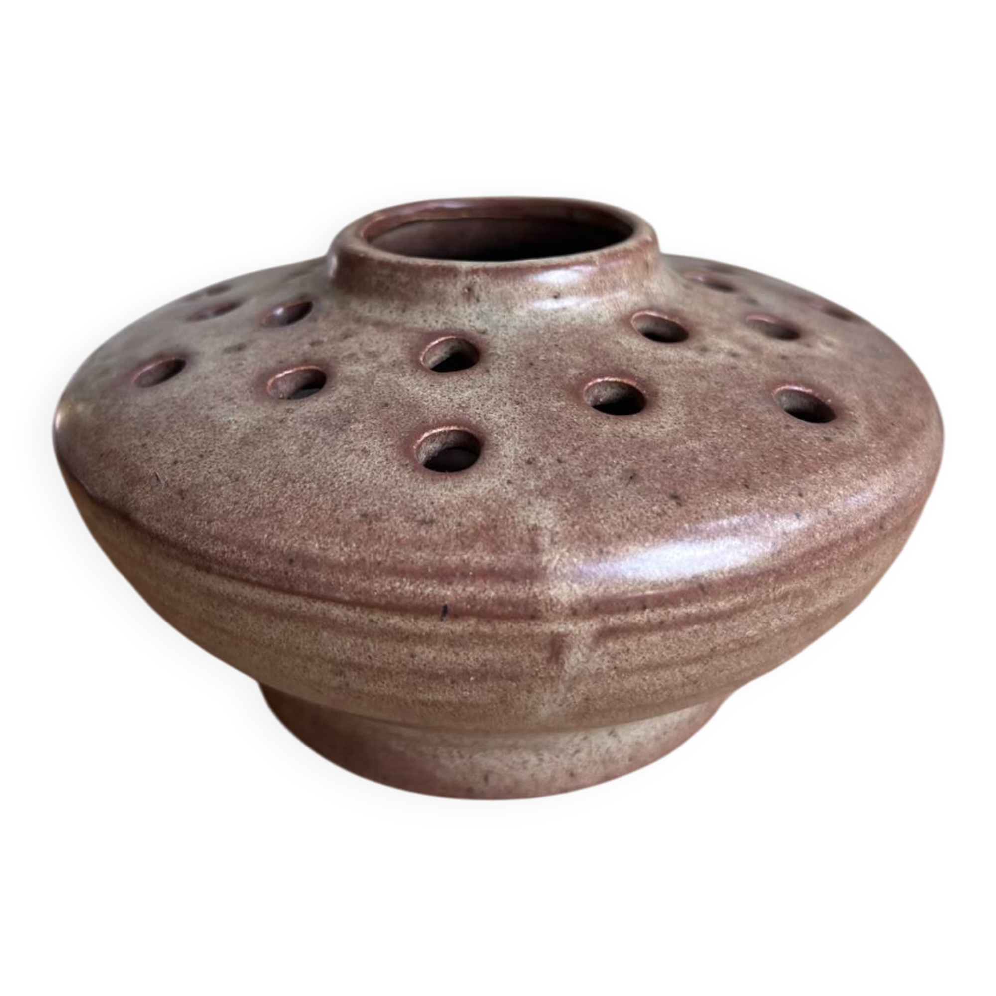 Vintage flower pot in perforated handcrafted stoneware, flattened round shape, p