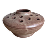Vintage flower pot in perforated handcrafted stoneware, flattened round shape, p