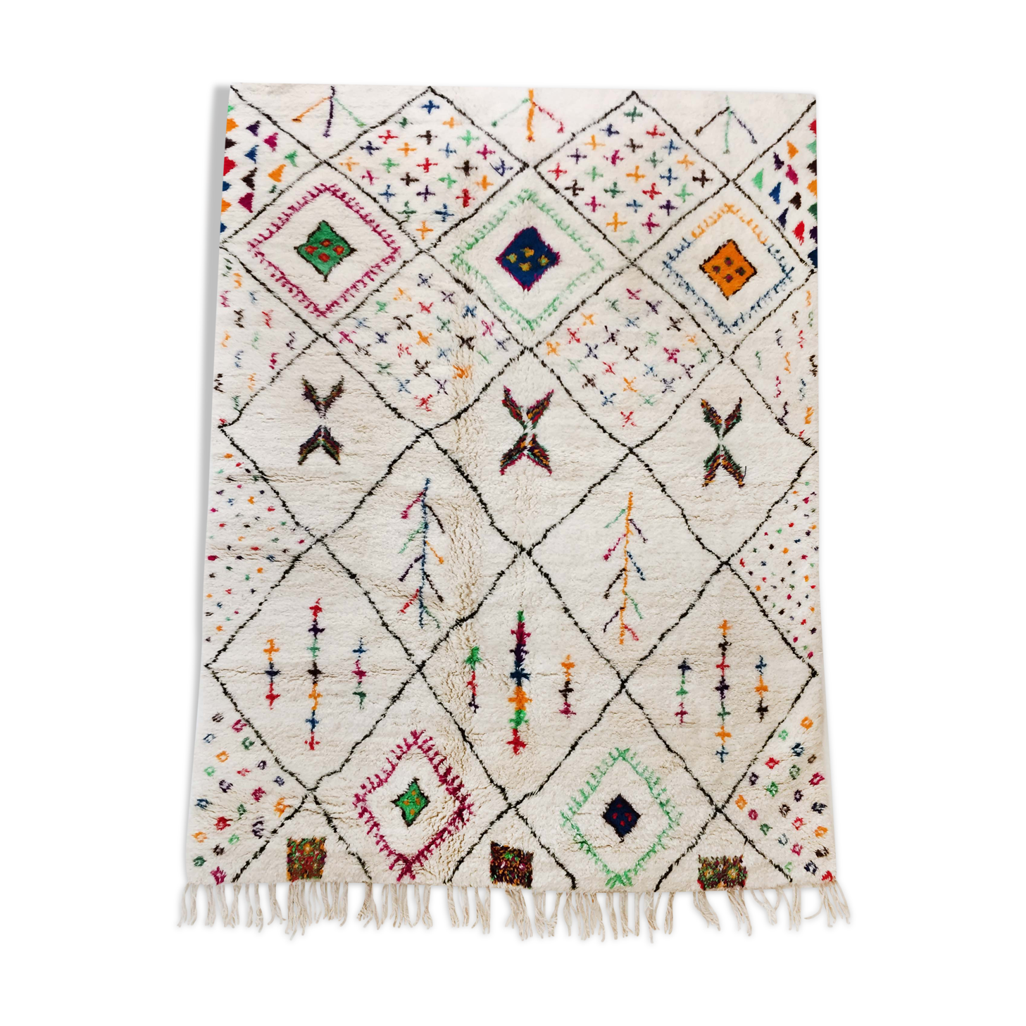 Moroccan Berber carpet azilal ecru with diamonds and colorful patterns 300x188cm