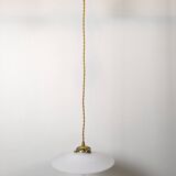 Vintage suspension in white opaline, elegant light fixture with soft light.