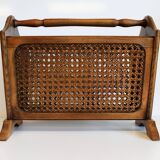 Vintage magazine rack in wood and caning, 50s