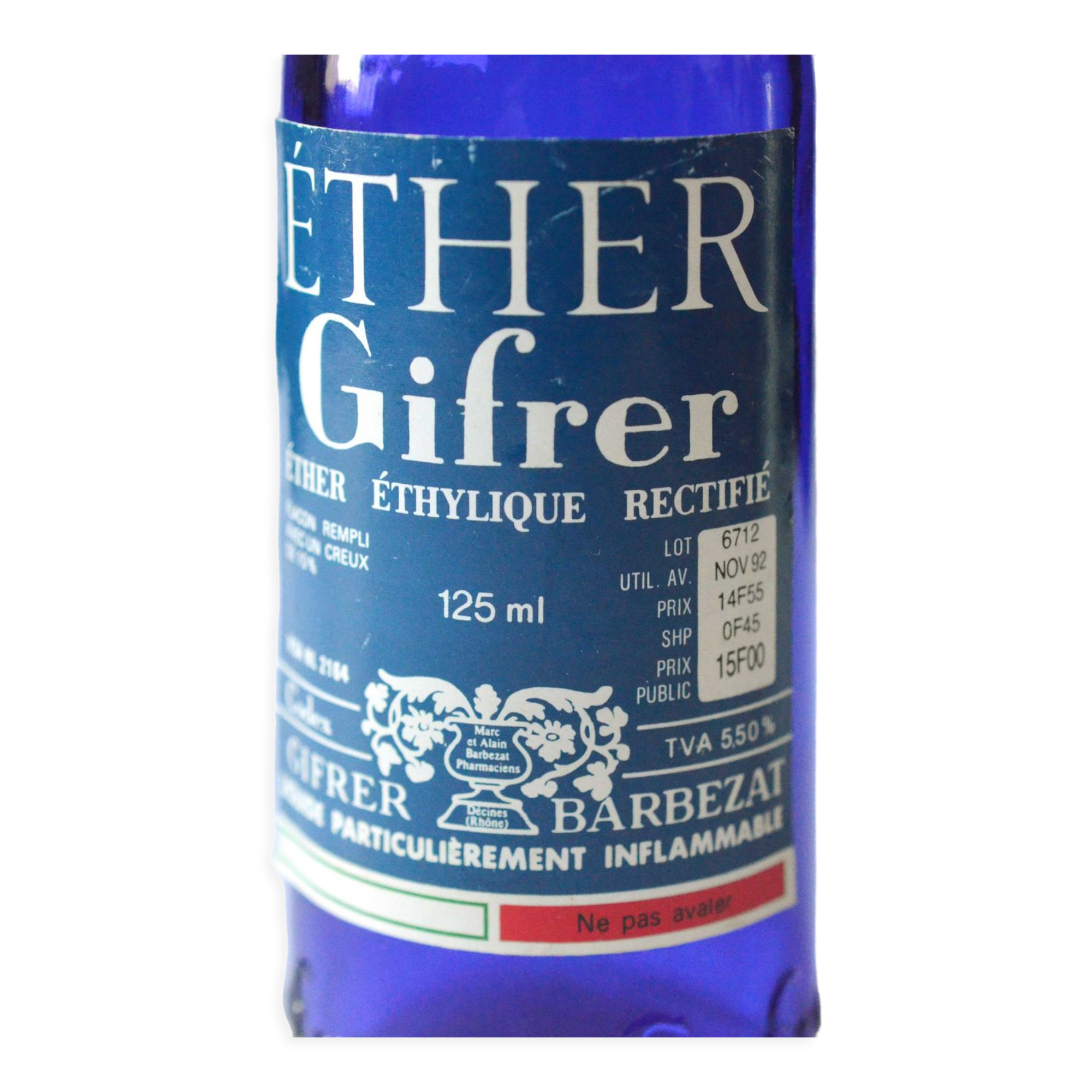 Flacon en verre bleu d'ether