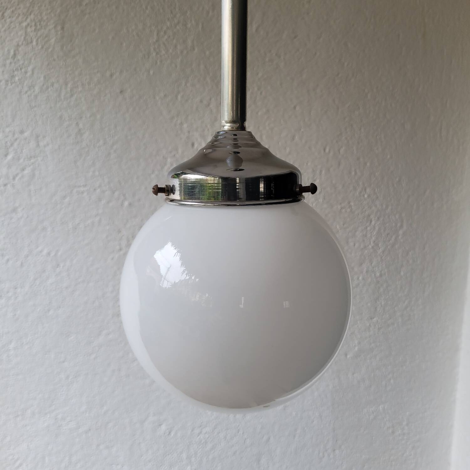 Opaline and chrome-plated metal globe pendant light – 1950s