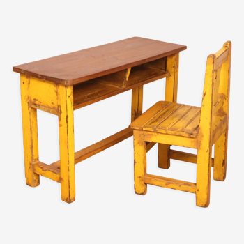 Ancien set pupitre et chaise d'écolier en teck birman patine jaune d'origine