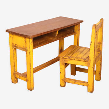 Old set desk and school chair in original yellow teak Burmese patina