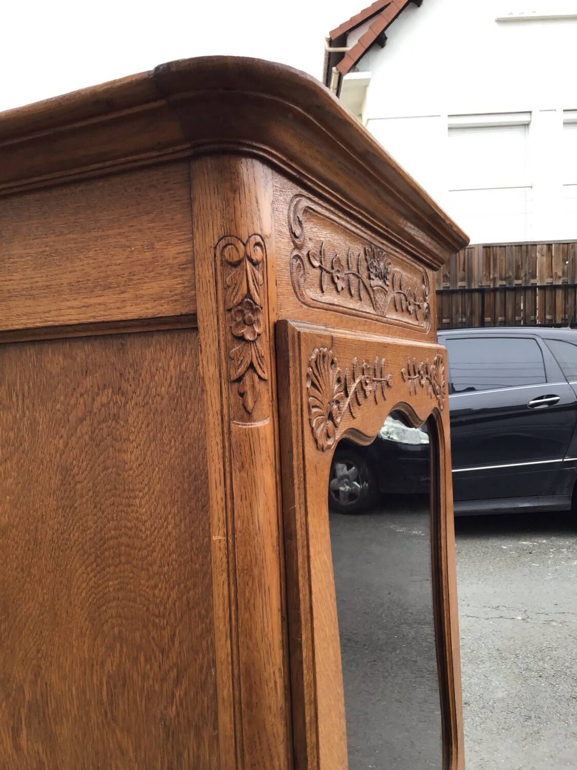 Antique French fruitwood bonnetiere armoire, 18th century
