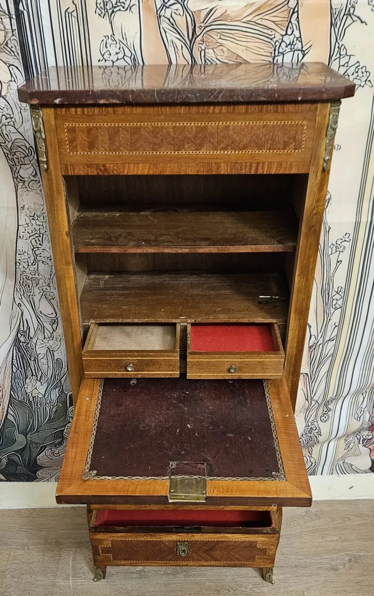 Antique marquetry secretary in Louis XV style – marble top