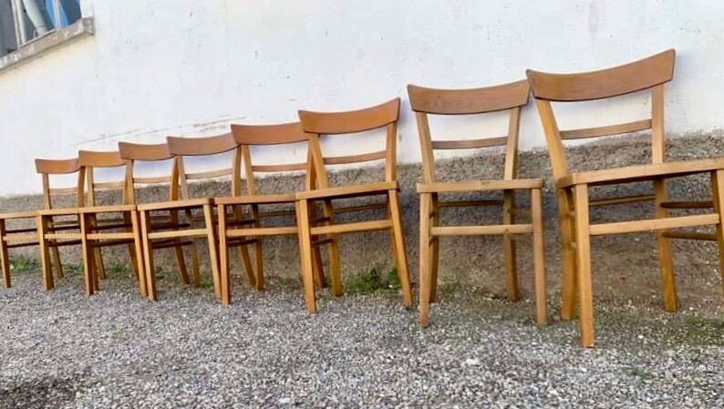 Set of 8 old light wood bistro chairs years 1957 stamps