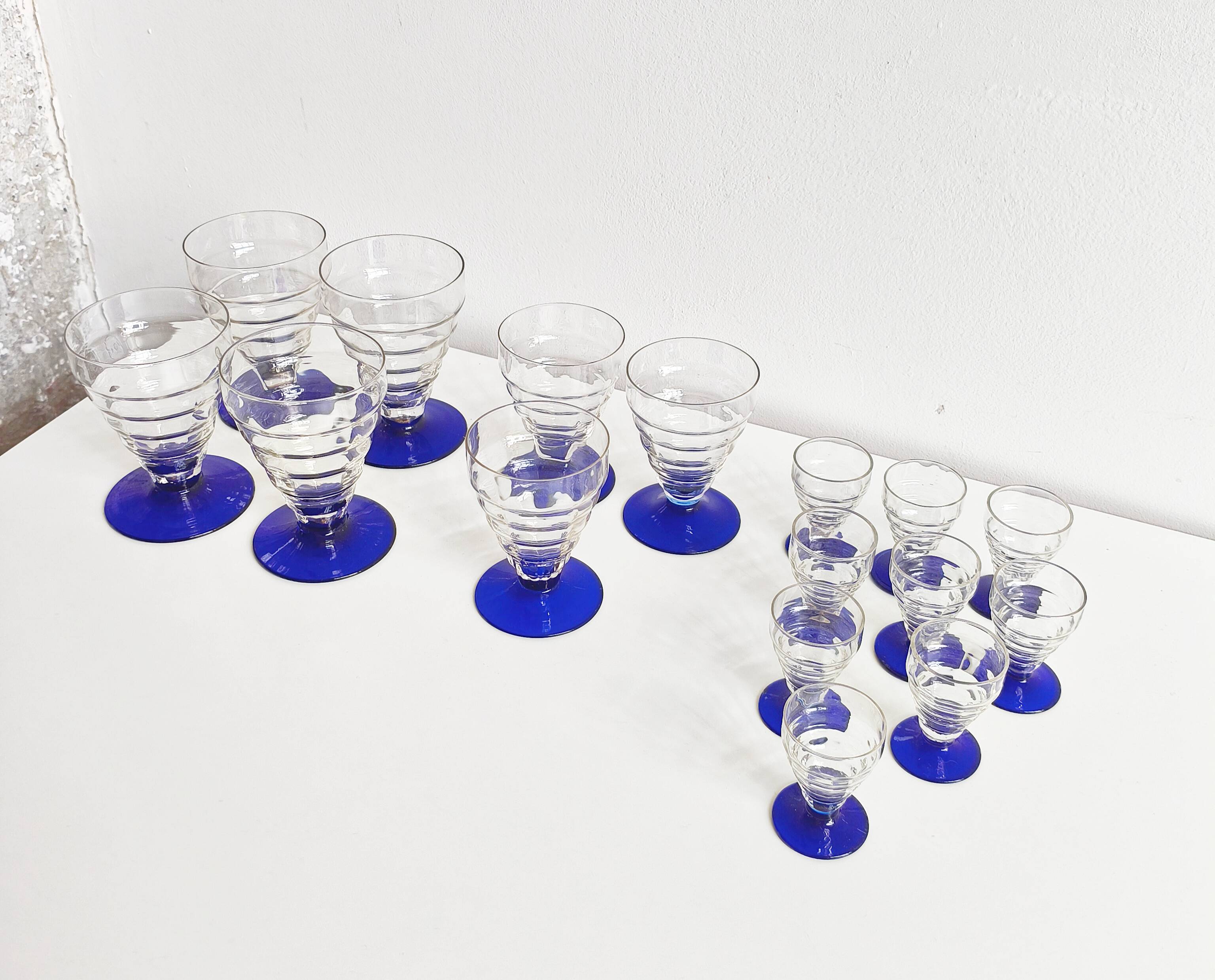 Set of 16 antique Art Deco cobalt blue stemmed glasses