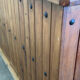 Rustic solid wood bar counter with 4 matching stools – wine rack & storage