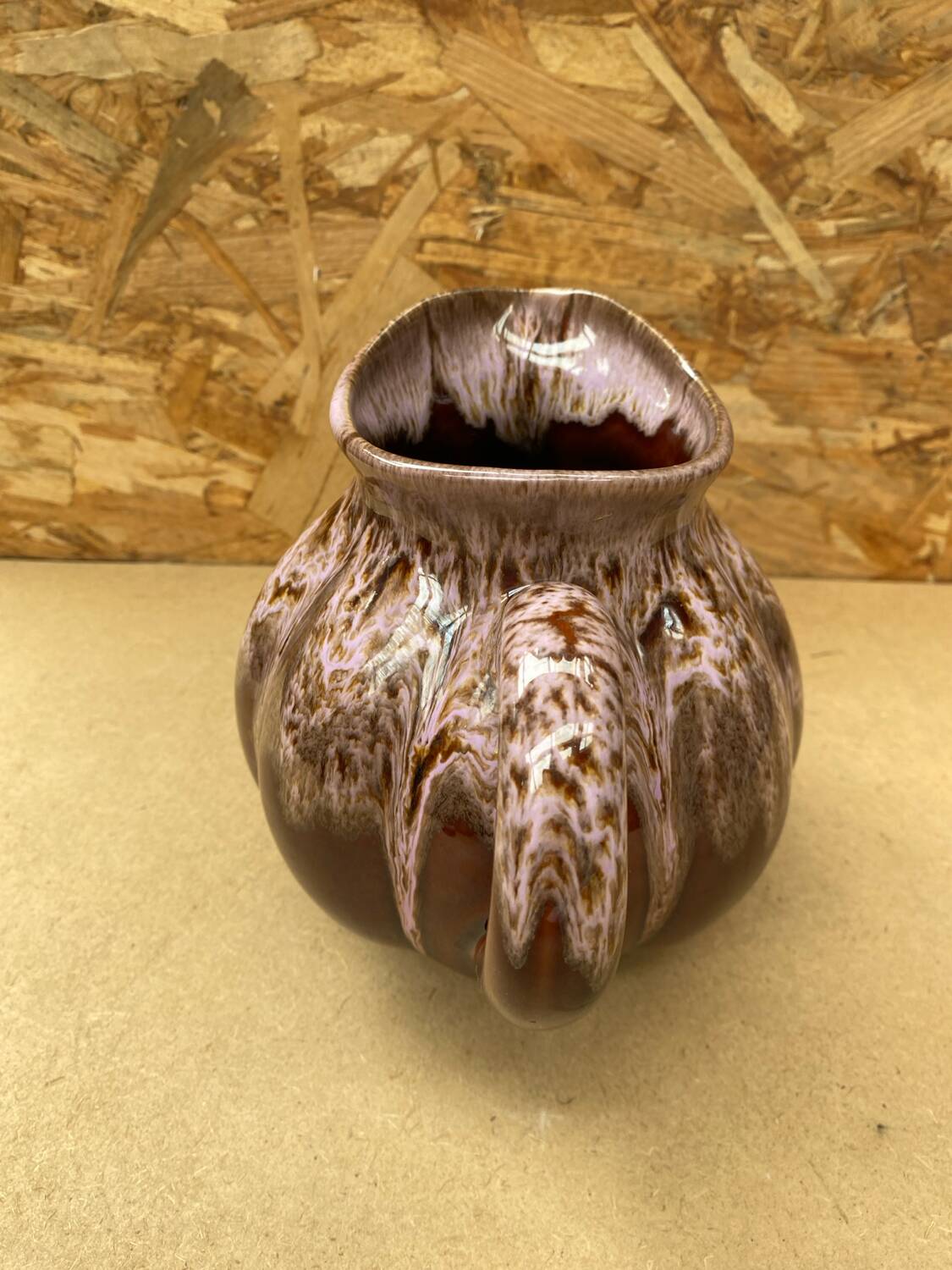 Antique melon pitcher flamed ceramic brown & pink vintage