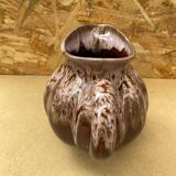Antique melon pitcher flamed ceramic brown & pink vintage