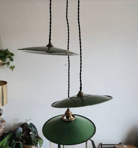 Trio pendant lights in enamelled industrial sheet metal
