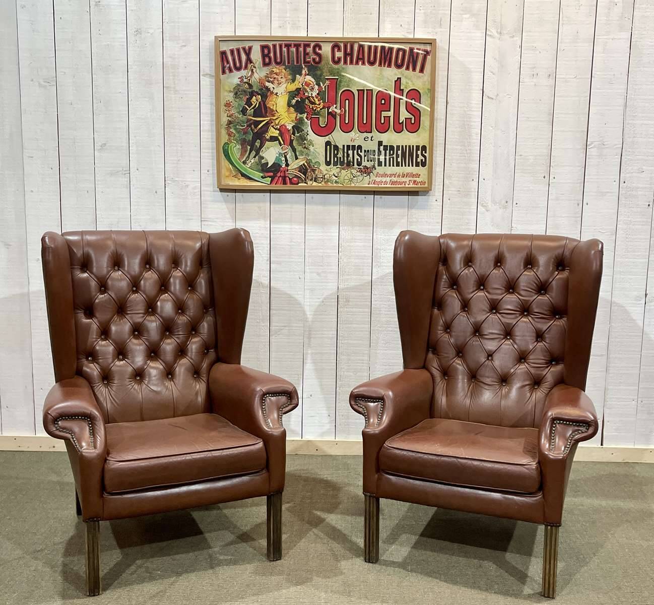 Pair of 1970s Chesterfield wingback chairs in brown leather