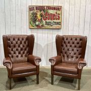 Pair of 1970s Chesterfield wingback chairs in brown leather