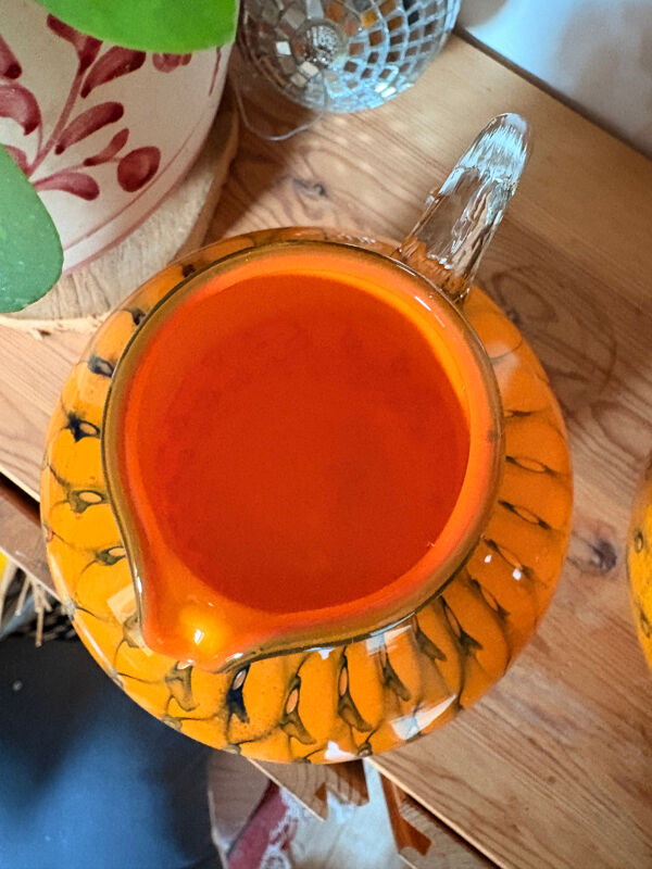 Duo vase & carafe en verre soufflé orange – années 60/70