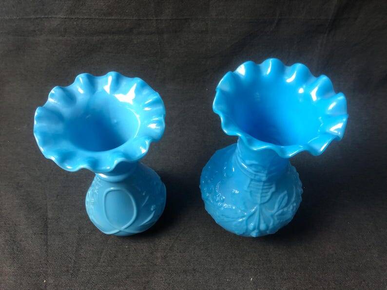 Antique French Opaline Glass Vases: Art Nouveau Floral Pair