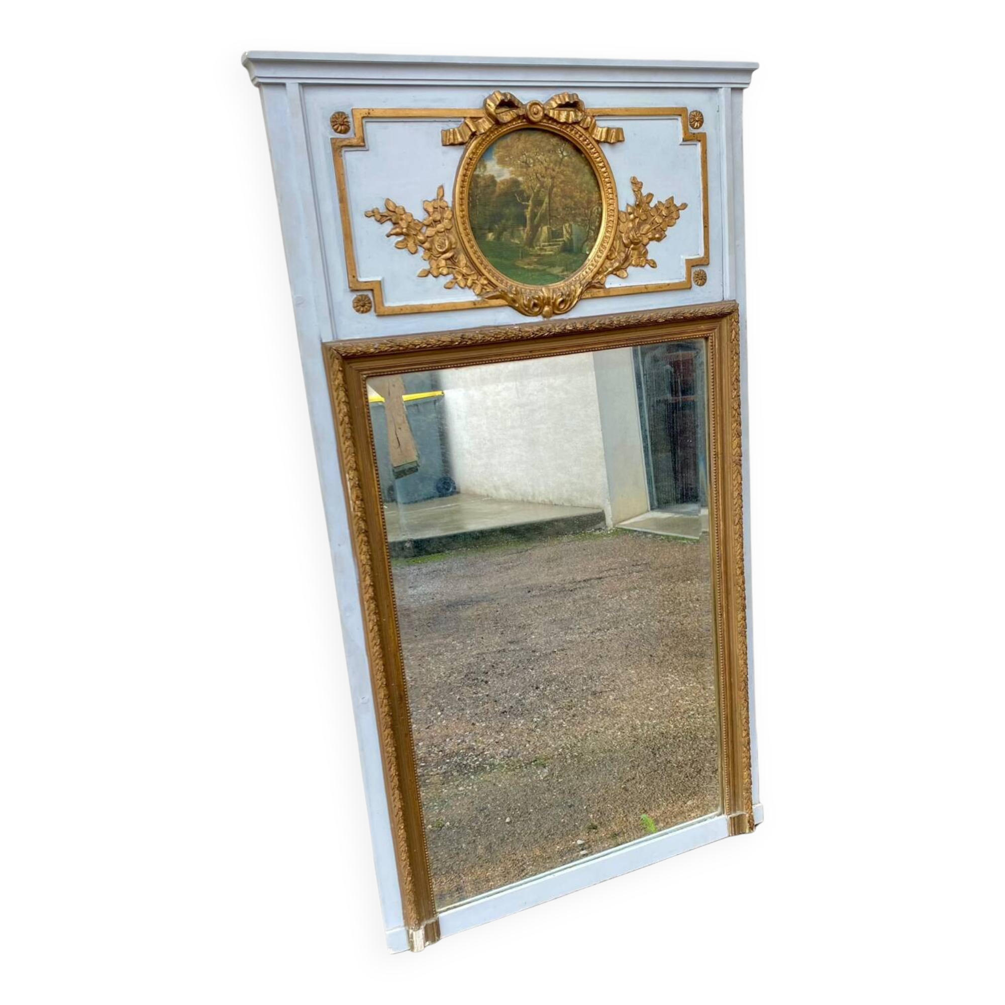 Trumeau mirror with oval decoration and wooden pediment 1920