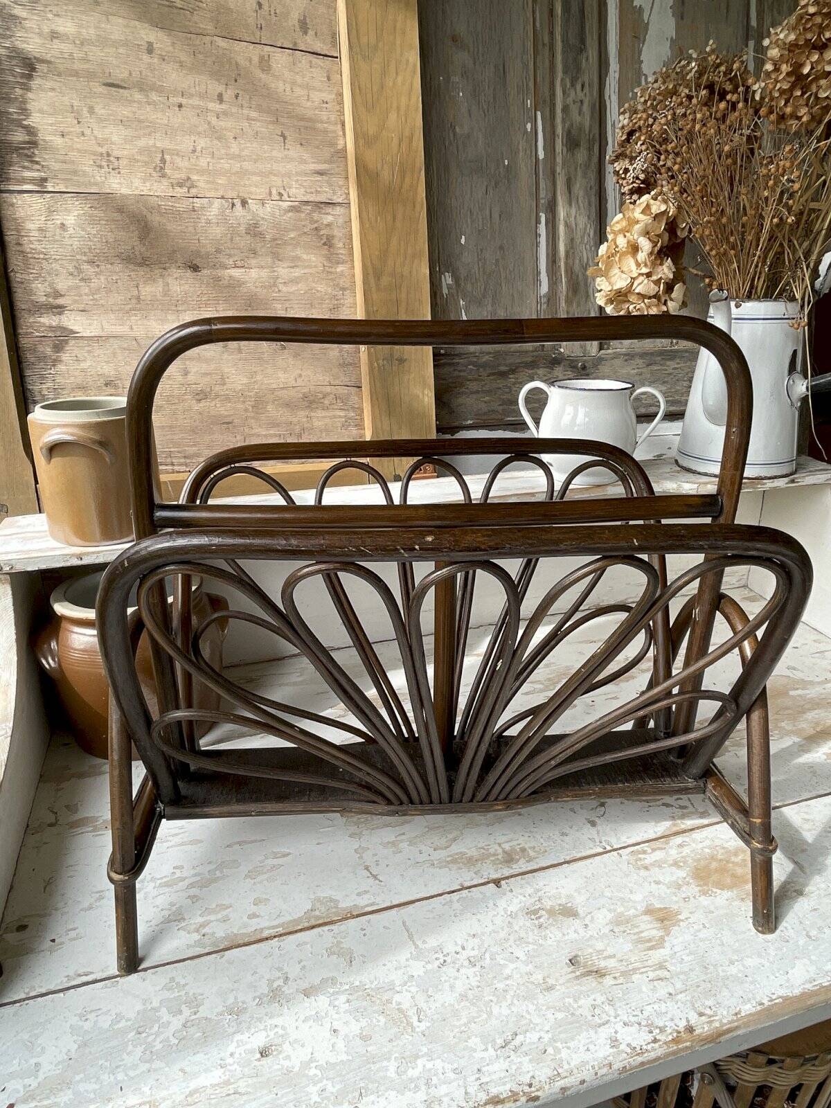 Vintage turned wood and rattan magazine rack