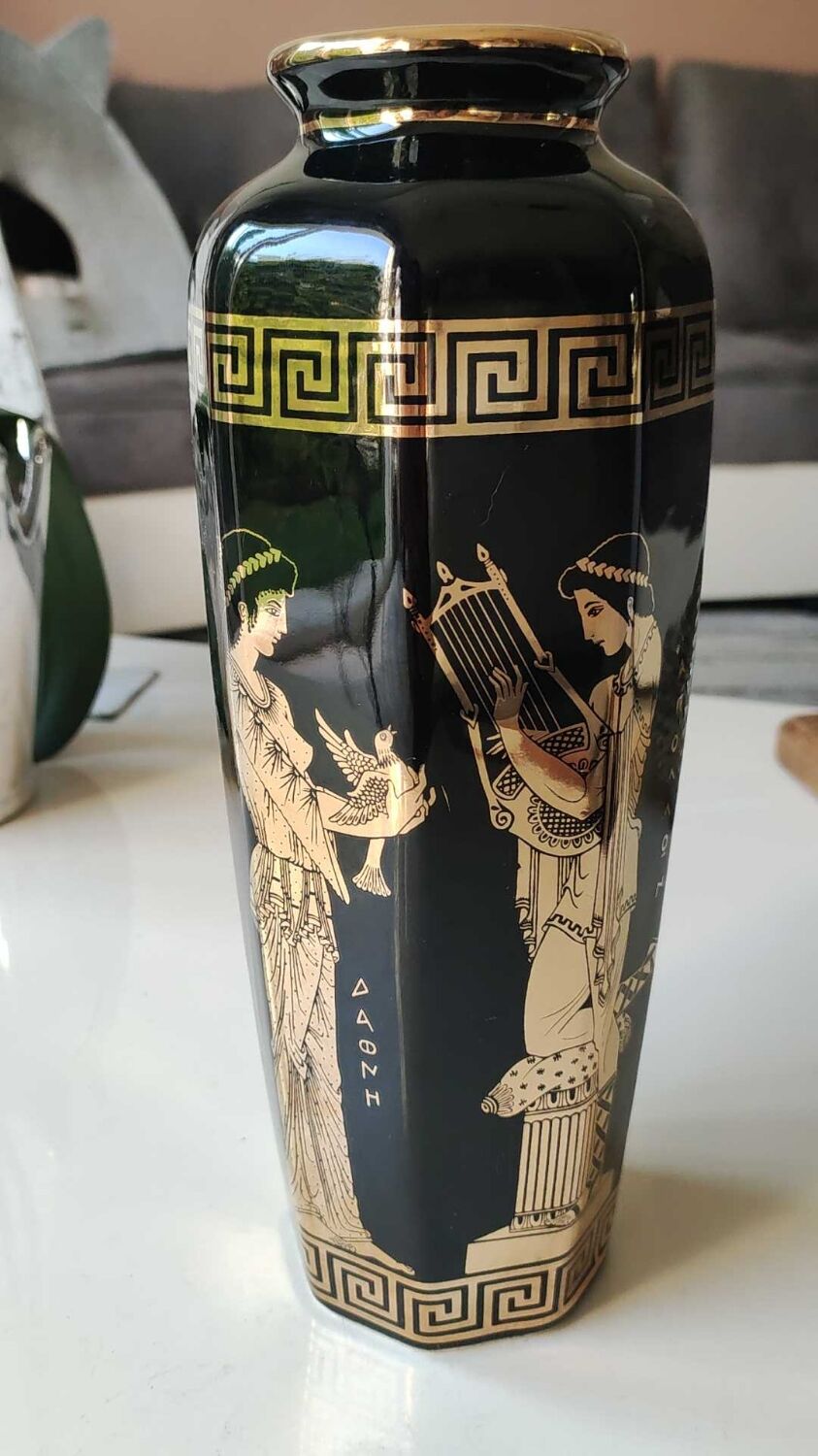 Ancient Greek octagonal vase, tubular porcelain shape. Decoration scenes of life / Gods mythology Greek. Signed ST Handmade in Greece. High 26 cm