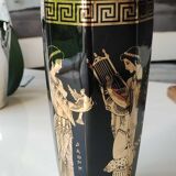 Ancient Greek octagonal vase, tubular porcelain shape. Decoration scenes of life / Gods mythology Greek. Signed ST Handmade in Greece. High 26 cm