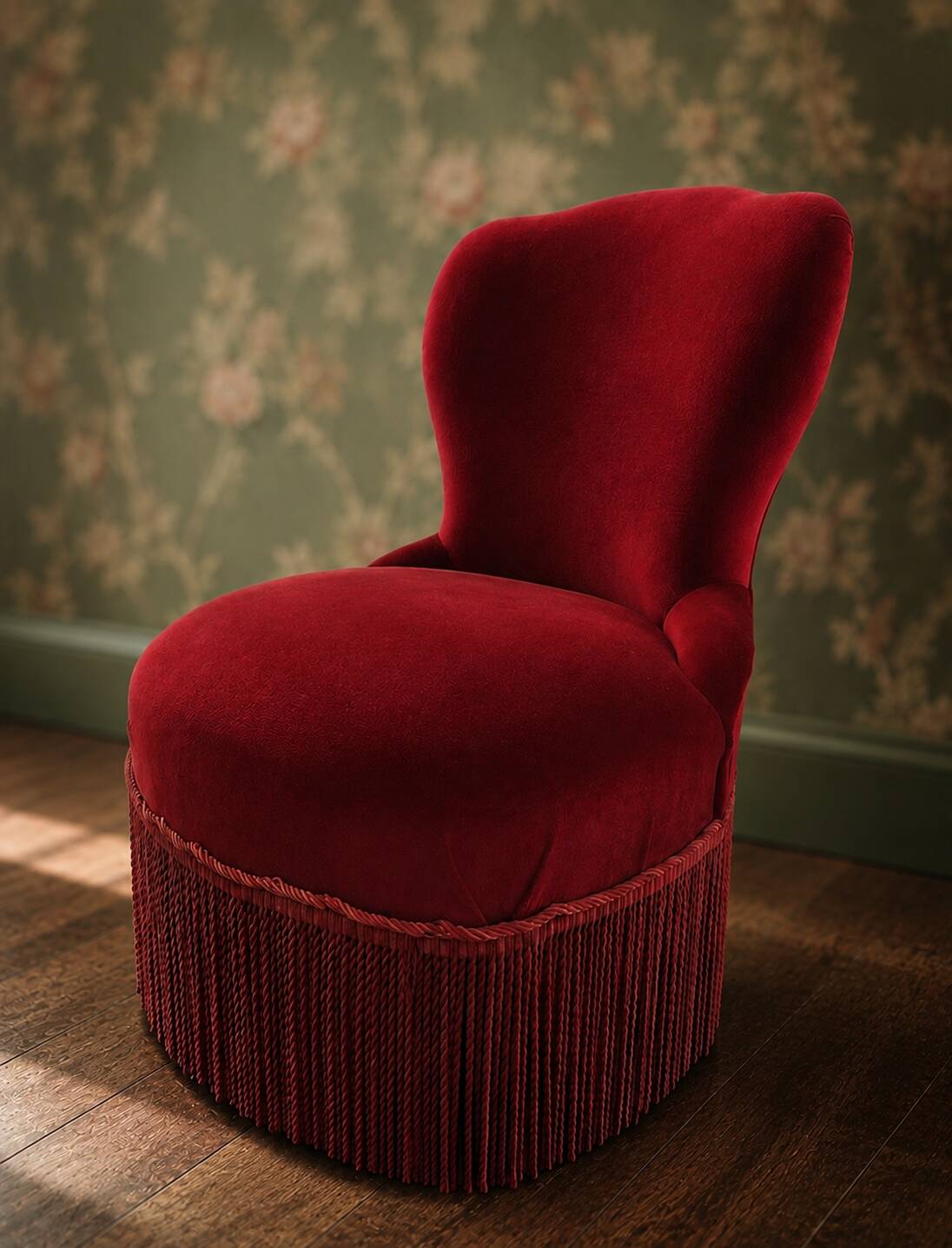 Vintage burgundy velvet armchair with fringes – theatrical and elegant