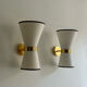 Pair of vintage wall lamps, brass and unbleached fabric, Italy 1980