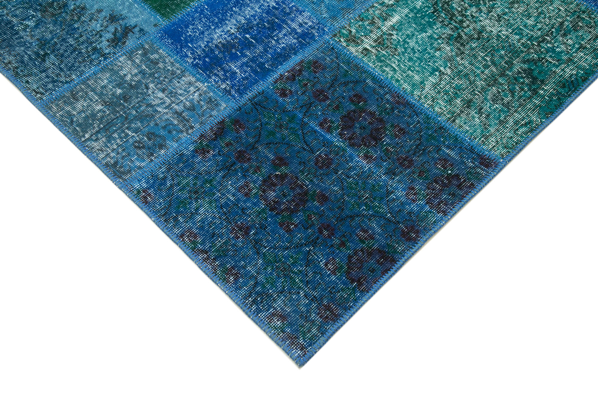 Handmade turkish overdyed 205 cm x 300 cm blue patchwork rug