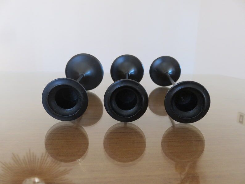 Series of 3 Scandinavian candle holders in black lacquered metal 60s 70s