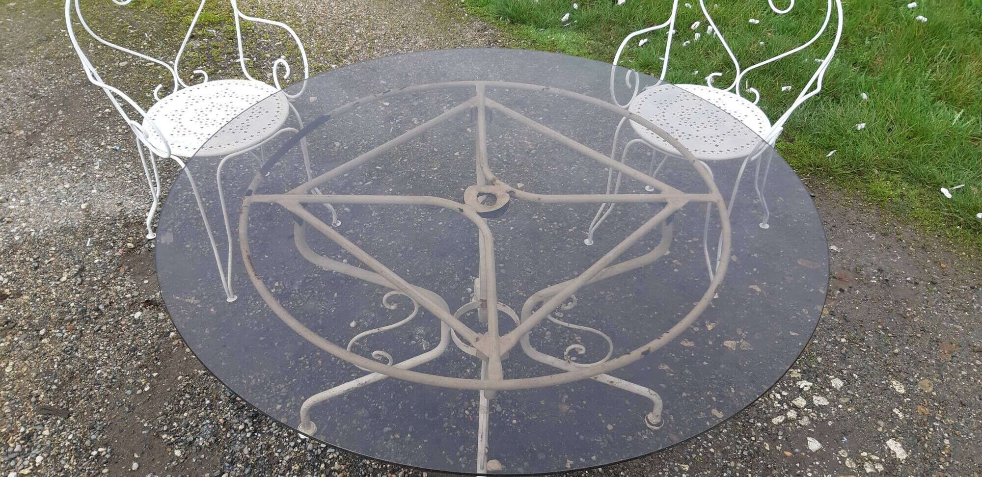 Garden furniture wrought iron and smoked glass 1900