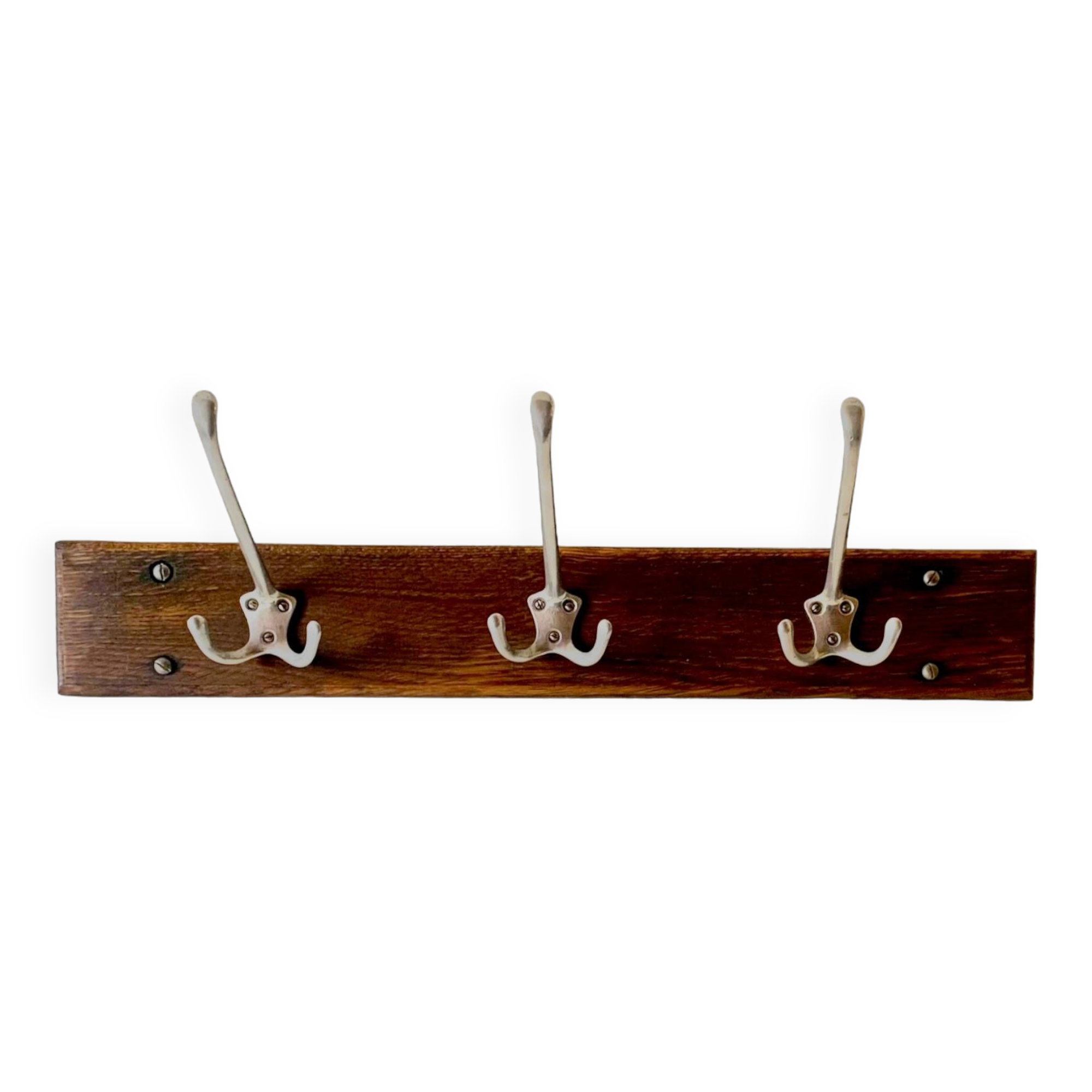 Vintage wall-mounted coat rack in solid wood - 3 cast aluminum hooks
