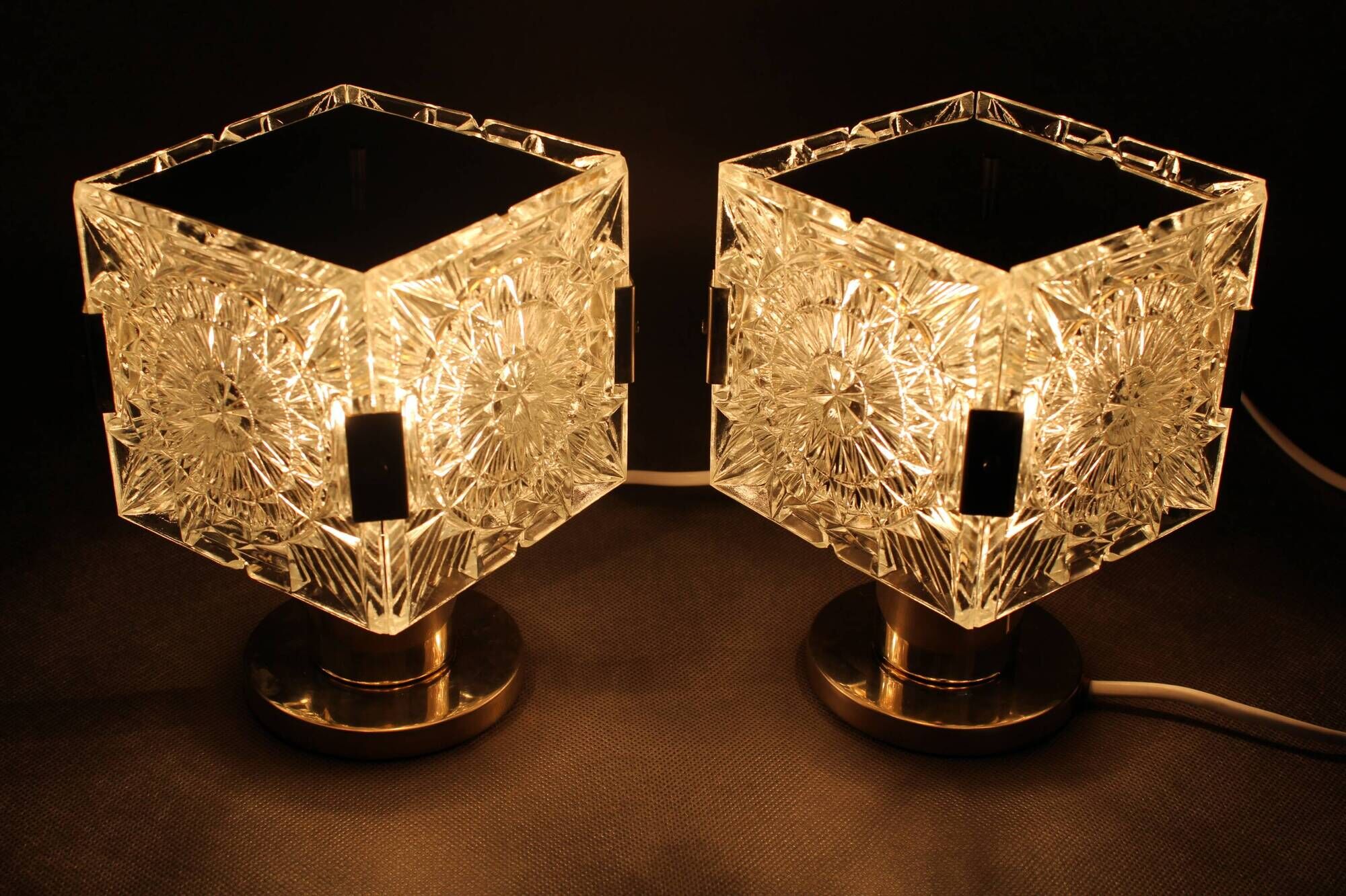 1970s Pair of Brass/Glass Table Lamps by Kamenicky Senov, Czechoslovakia