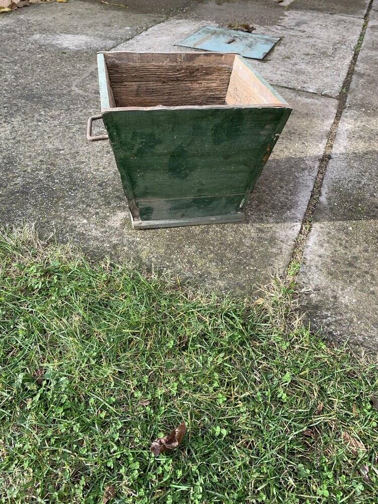 Large vintage 1940s forest green pine box, rustic utilitarian style.