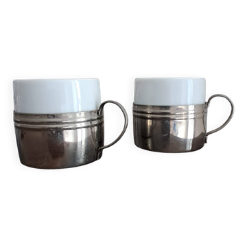 Tasses à expresso vintage. Porcelaine et support amovible en métal