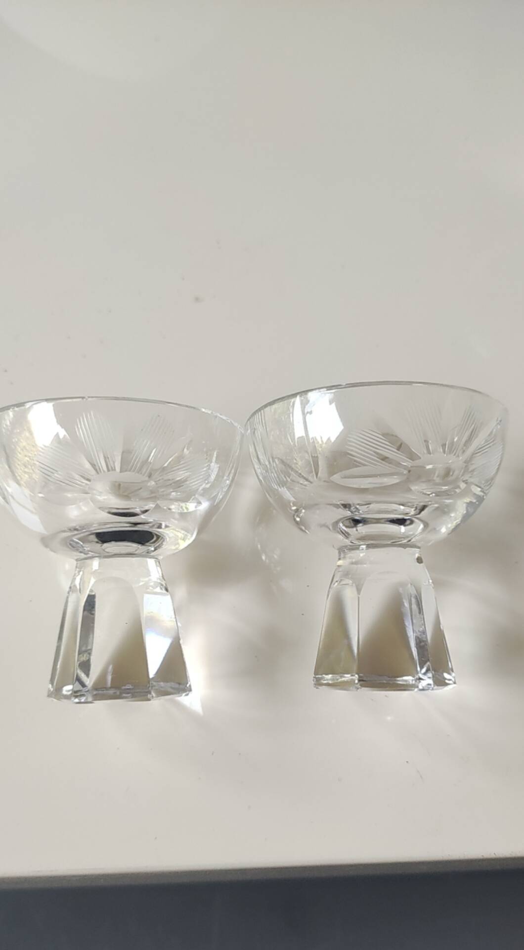 Lot of 5 Small Digestif/Liqueur Glasses. Cut Bohemian crystal. Floral.