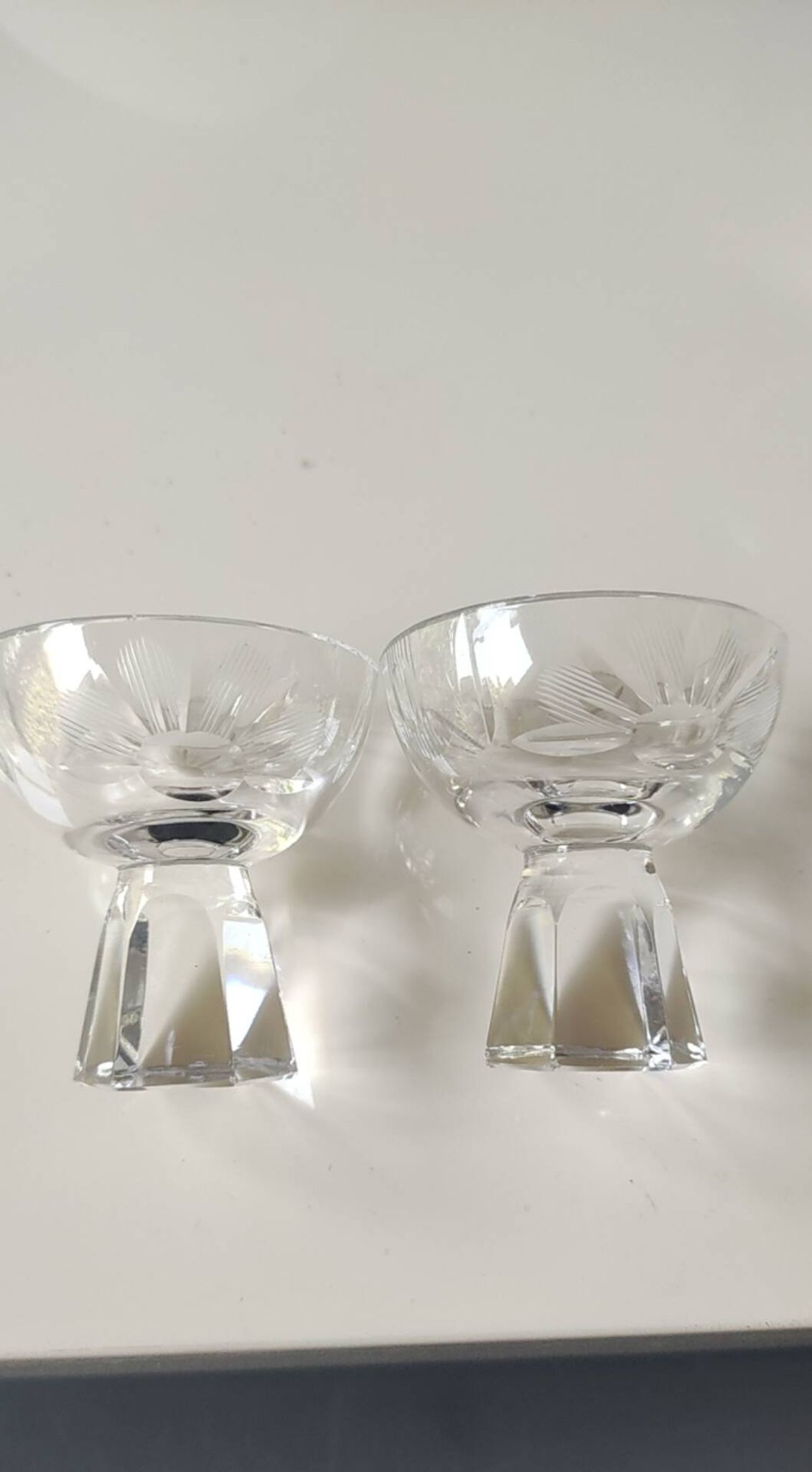 Lot of 5 Small Digestif/Liqueur Glasses. Cut Bohemian crystal. Floral.