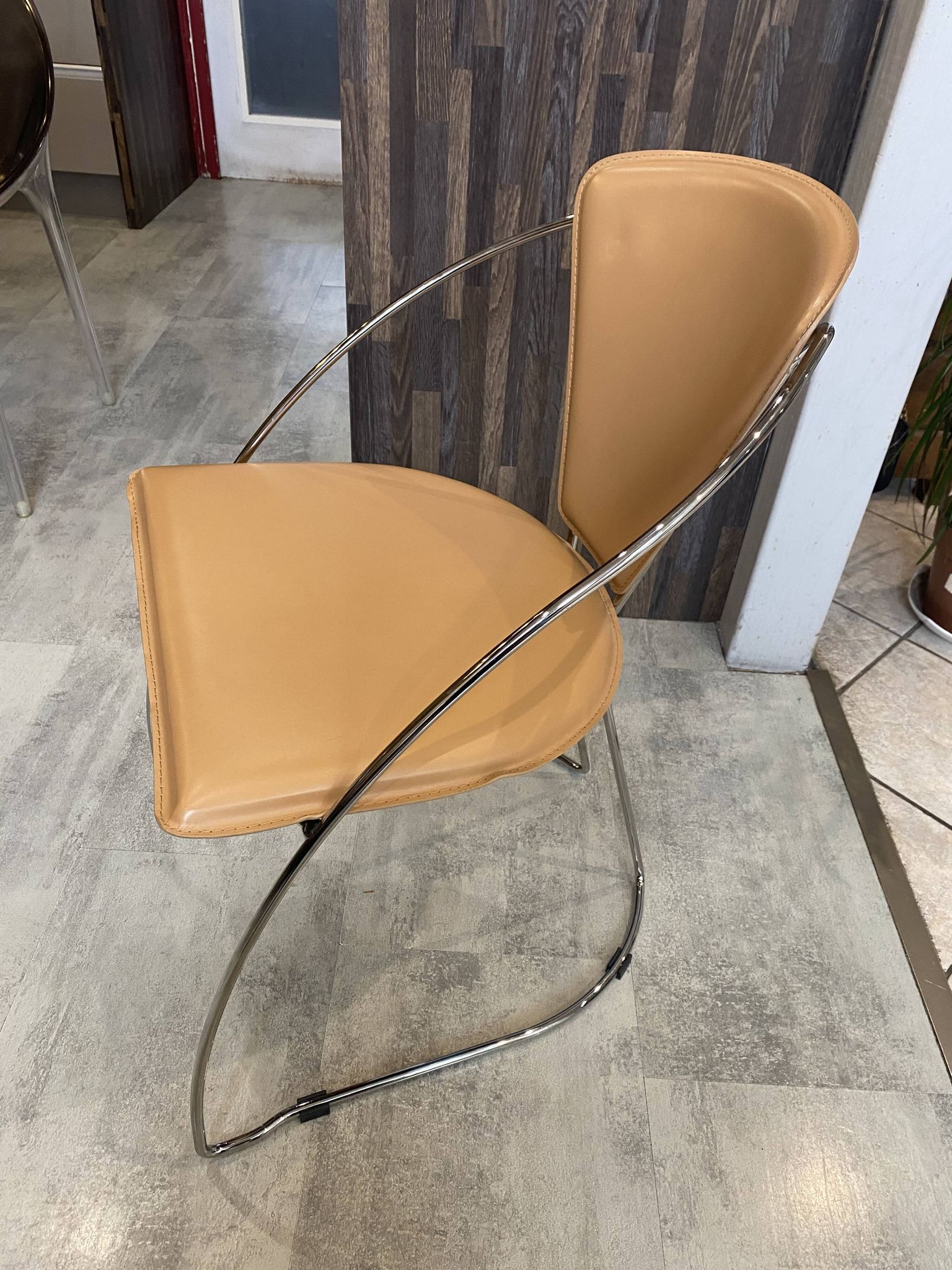 1 Linda armchair chair by Arrben in camel brown leather with a chrome steel frame.