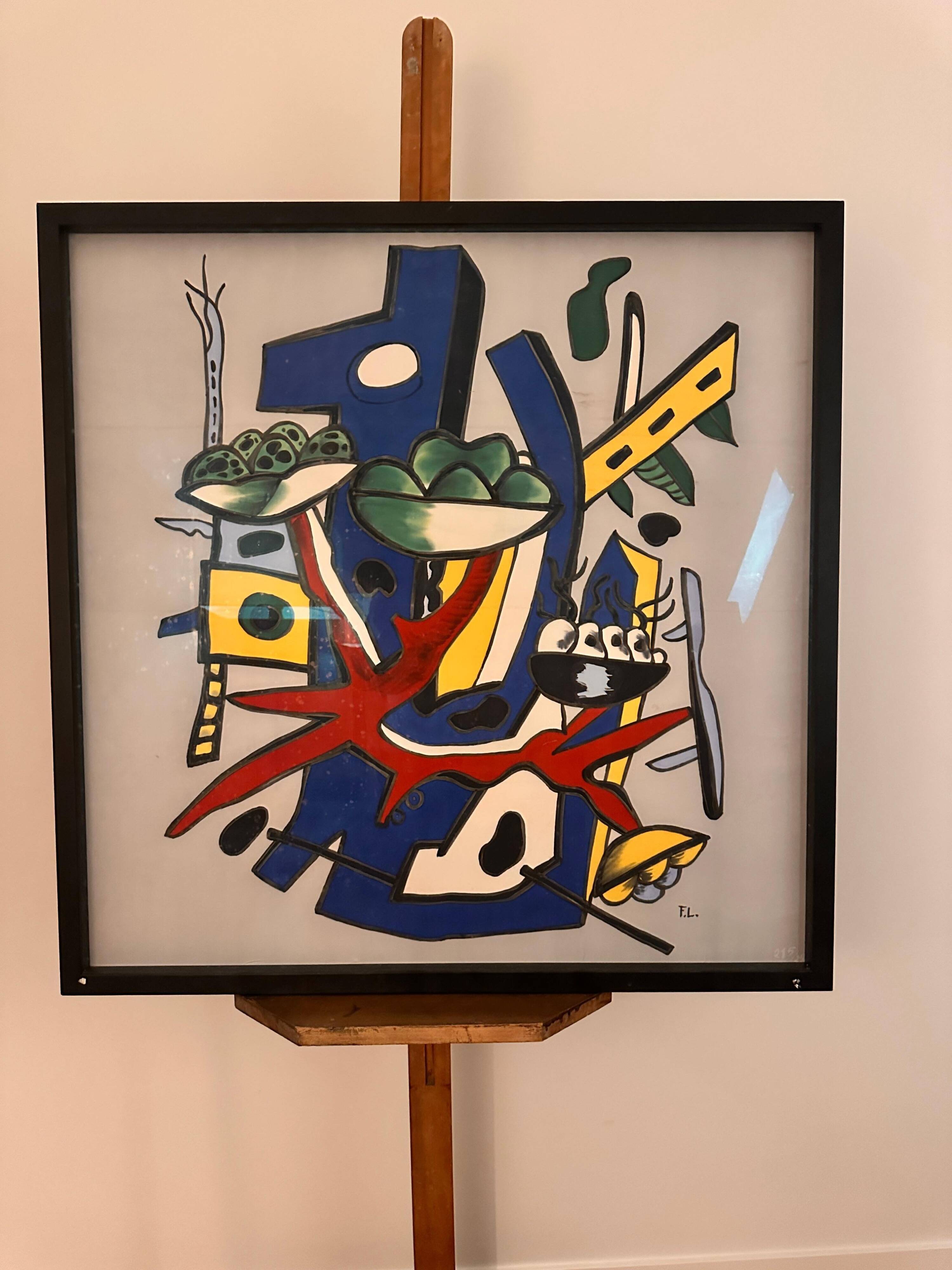 Impression sérigraphique encadrée sur soie, après Fernand Léger, composition moderne du milieu du siècle