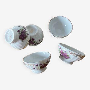 Lot de 5 petits bols à café en porcelaine, décor violettes