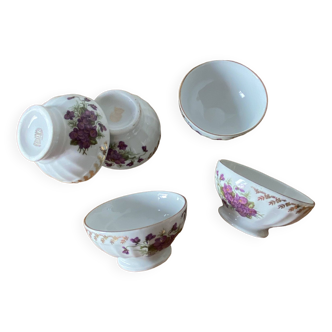 Lot de 5 petits bols à café en porcelaine, décor violettes