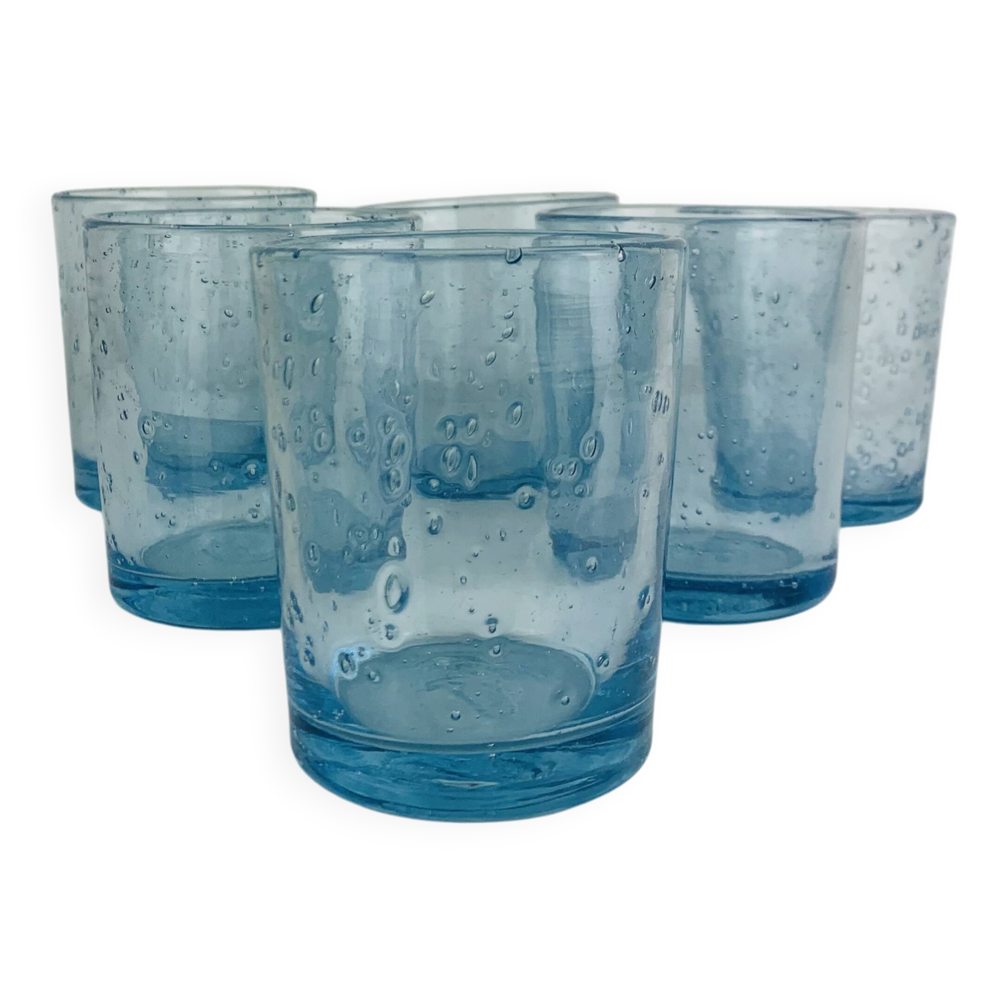 6 vintage blue bubble glass water glasses from Biot.